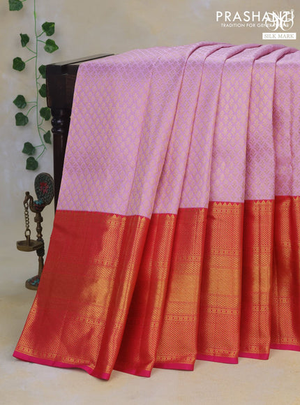 Pure kanchipuram silk saree mild lavender and pink with allover zari woven brocade weaves and long rich zari woven border