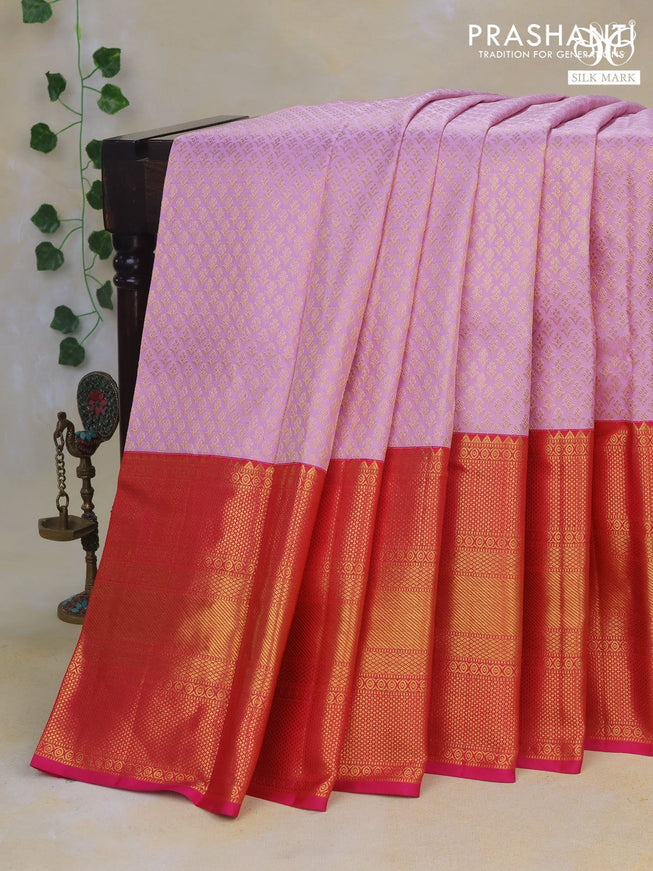 Pure kanchipuram silk saree mild lavender and pink with allover zari woven brocade weaves and long rich zari woven border