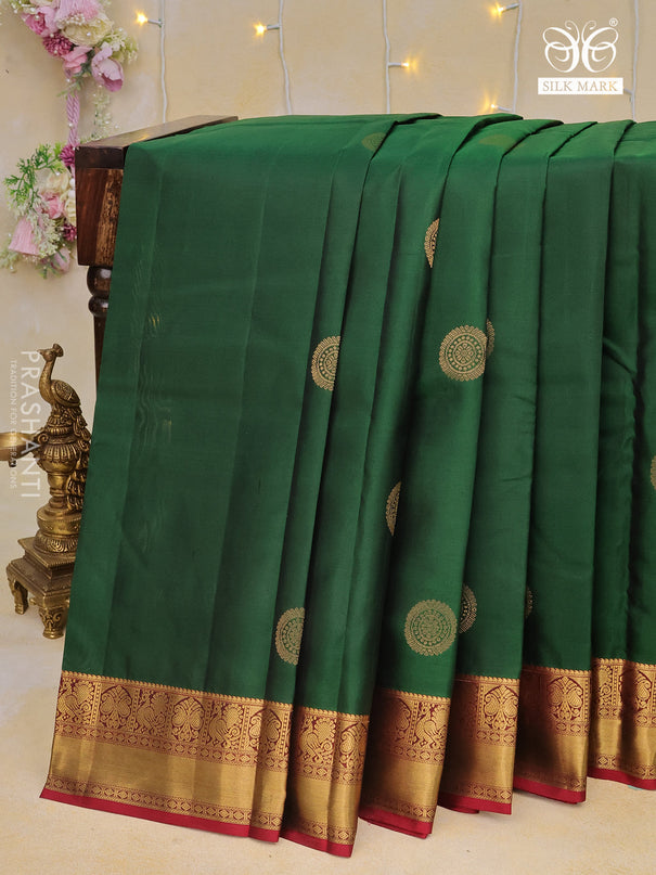 Pure kanchipuram silk saree dark green and maroon with zari woven buttas and zari woven border