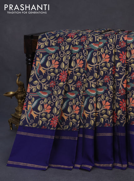 Pure kanchipuram silk saree navy blue with allover kalamkari digital prints and ganga jamuna border