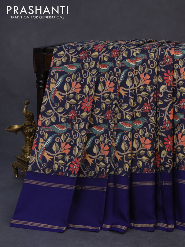 Pure kanchipuram silk saree navy blue with allover kalamkari digital prints and ganga jamuna border