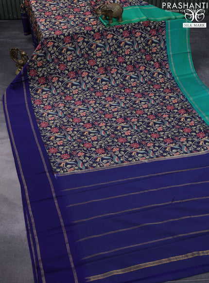 Pure kanchipuram silk saree navy blue with allover kalamkari digital prints and ganga jamuna border