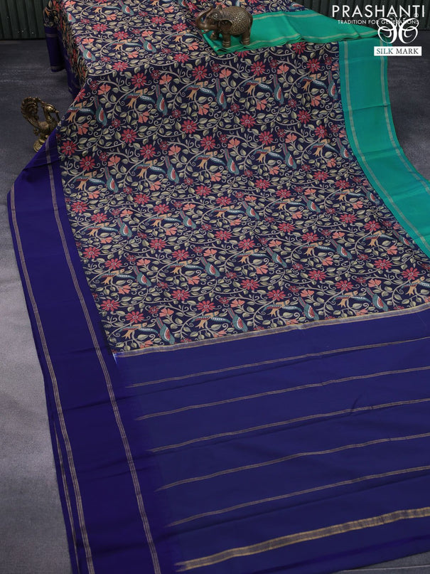 Pure kanchipuram silk saree navy blue with allover kalamkari digital prints and ganga jamuna border