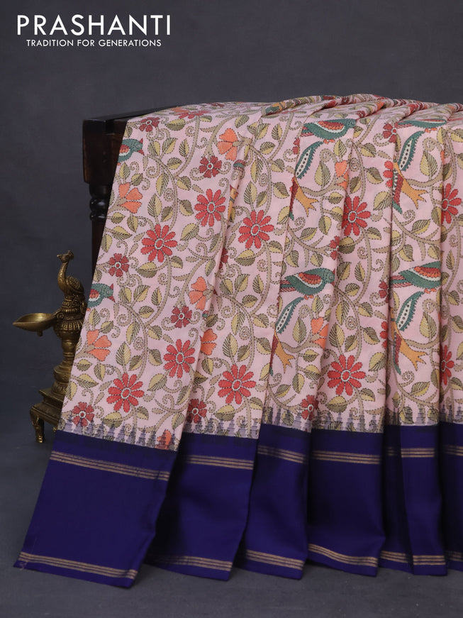 Pure kanchipuram silk saree peach pink with allover kalamkari digital prints and ganga jamuna border