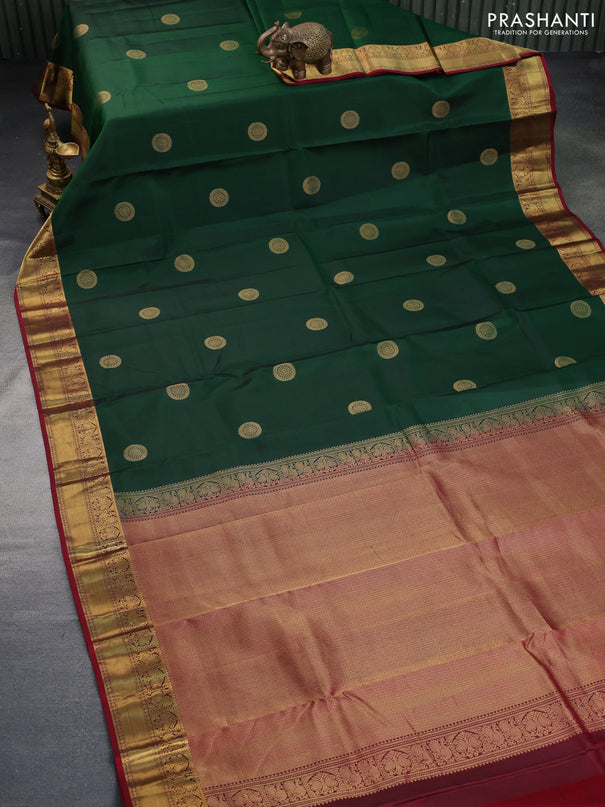 Pure kanchipuram silk saree dark green and maroon with zari woven buttas and zari woven border