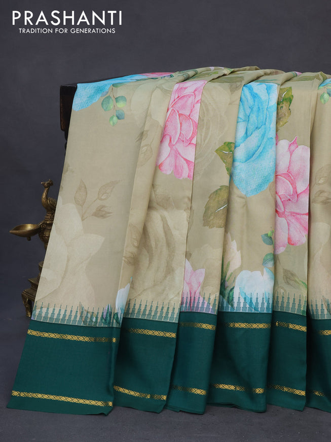 Pure kanchipuram silk saree elaichi green and green with allover floral digital prints and temple deisgn rettapet zari woven border