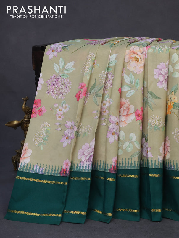 Pure kanchipuram silk saree elaichi green and green with allover floral digital prints and temple deisgn rettapet zari woven border