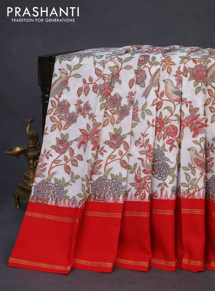 Pure kanchipuram silk saree off white with allover kalamkari digital prints and ganga jamuna border