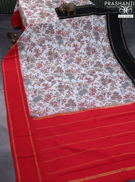 Pure kanchipuram silk saree off white with allover kalamkari digital prints and ganga jamuna border