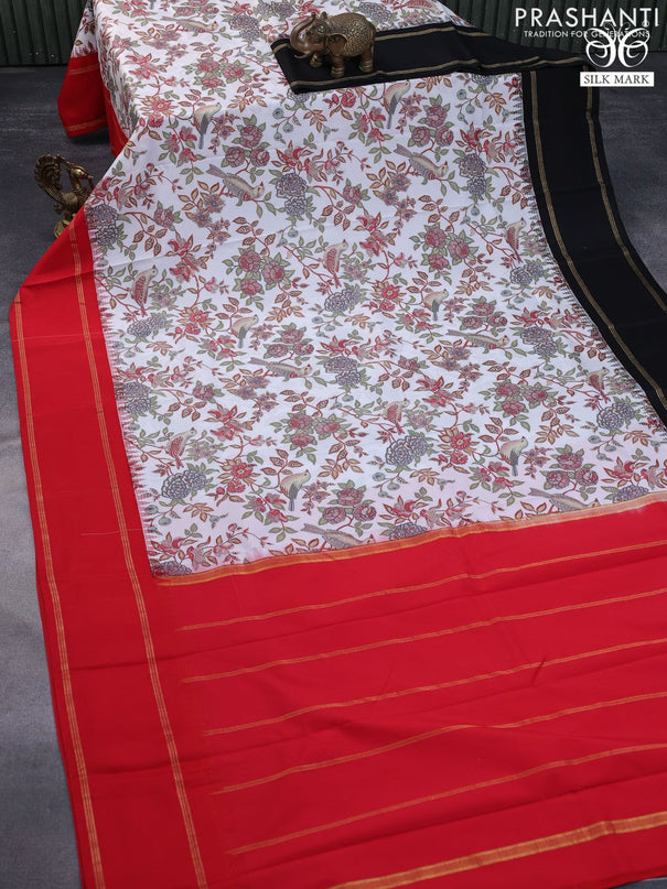 Pure kanchipuram silk saree off white with allover kalamkari digital prints and ganga jamuna border