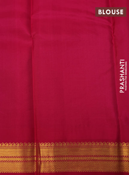 Pure kanchipuram silk saree dual shade of bluw and pink with plain body and temple design zari woven border