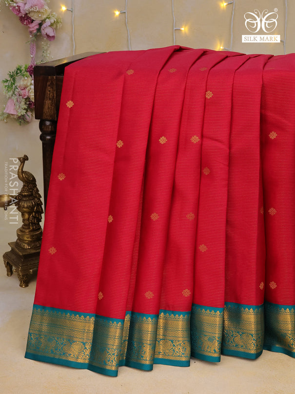 Pure kanchipuram silk saree dark pink and teal green with allover zari weaves & buttas and zari woven korvai border