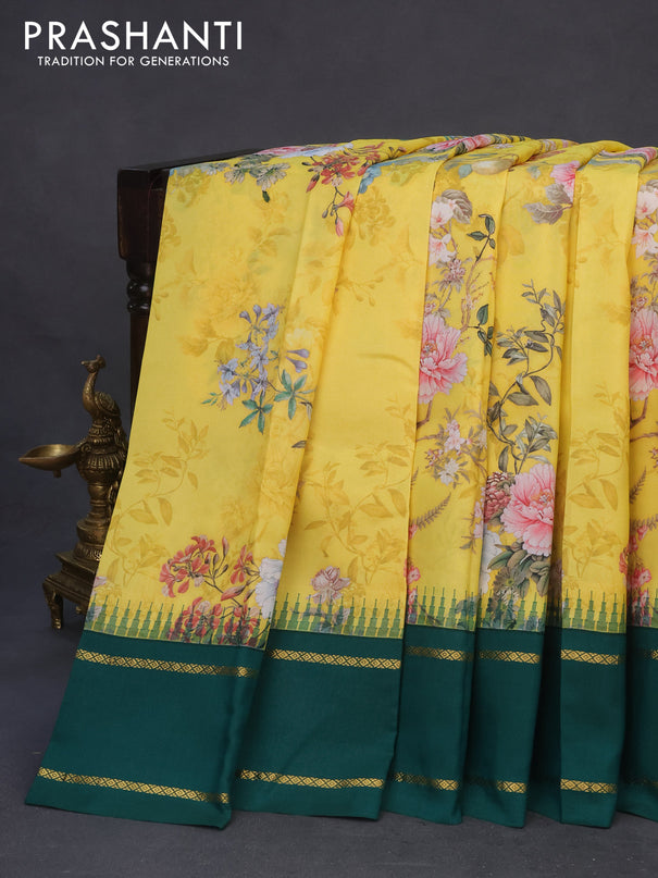 Pure kanchipuram silk saree lime yellow and green with allover floral digital prints and temple deisgn rettapet zari woven border