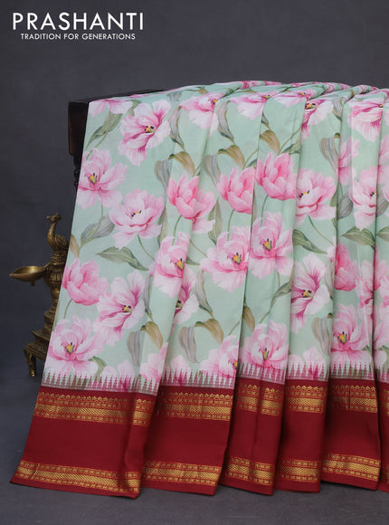 Pure kanchipuram silk saree pastel green and maroon with allover floral digital prints and temple deisgn rettapet zari woven border