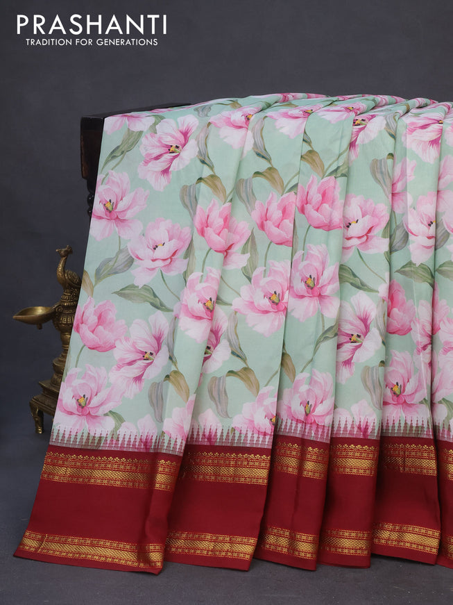 Pure kanchipuram silk saree pastel green and maroon with allover floral digital prints and temple deisgn rettapet zari woven border