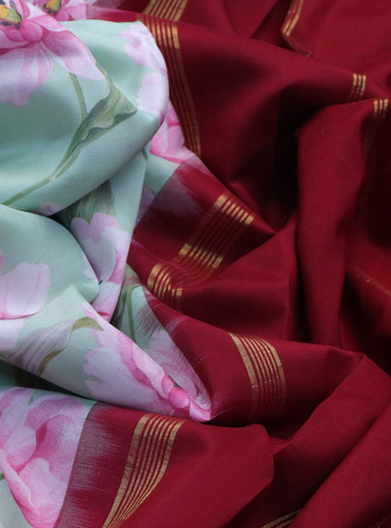 Pure kanchipuram silk saree pastel green and maroon with allover floral digital prints and temple deisgn rettapet zari woven border