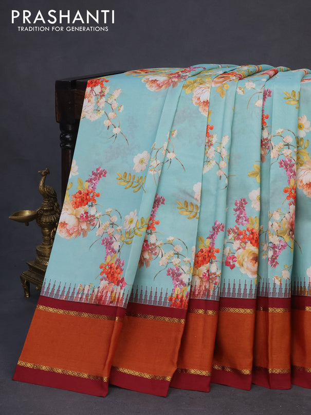 Pure kanchipuram silk saree pastel blue and maroon with allover floral digital prints and temple deisgn rettapet zari woven border