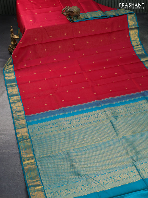 Pure kanchipuram silk saree dark pink and teal green with allover zari weaves & buttas and zari woven korvai border