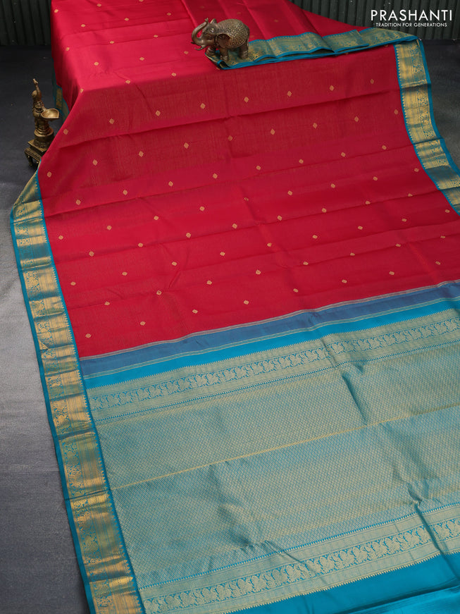 Pure kanchipuram silk saree dark pink and teal green with allover zari weaves & buttas and zari woven korvai border