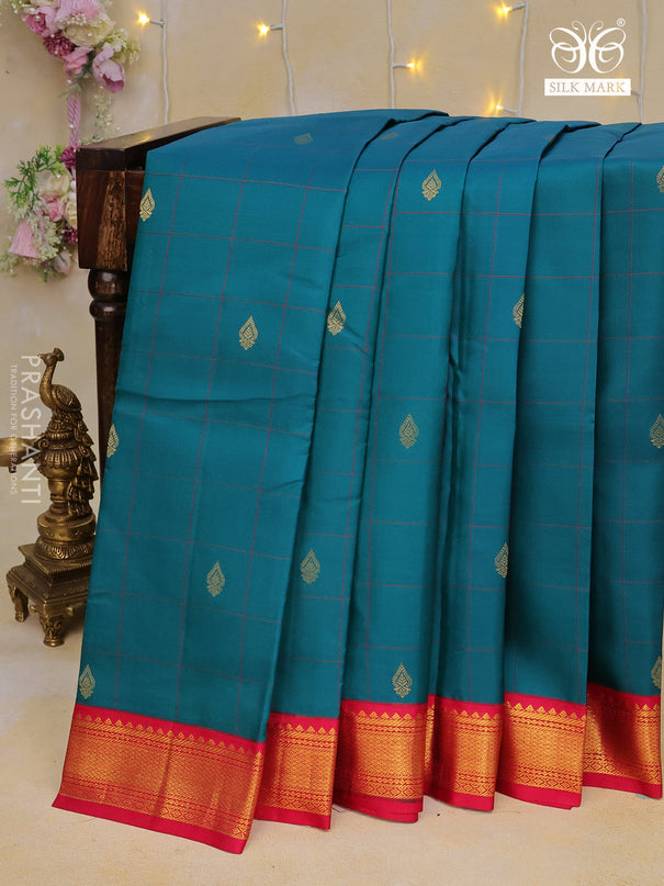 Pure kanchipuram silk saree teal green shade and pink with allover checks & zari buttas and zari woven korvai border