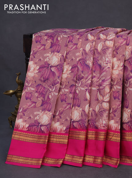 Pure kanchipuram silk saree rosy brown and pink with allover floral digital prints and temple deisgn rettapet zari woven border