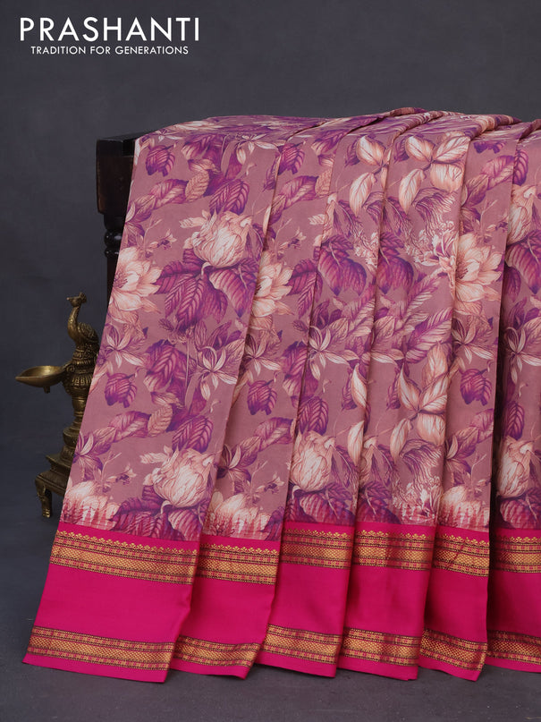 Pure kanchipuram silk saree rosy brown and pink with allover floral digital prints and temple deisgn rettapet zari woven border