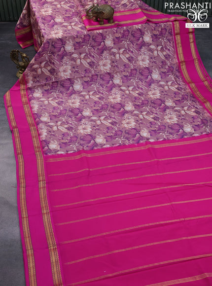 Pure kanchipuram silk saree rosy brown and pink with allover floral digital prints and temple deisgn rettapet zari woven border