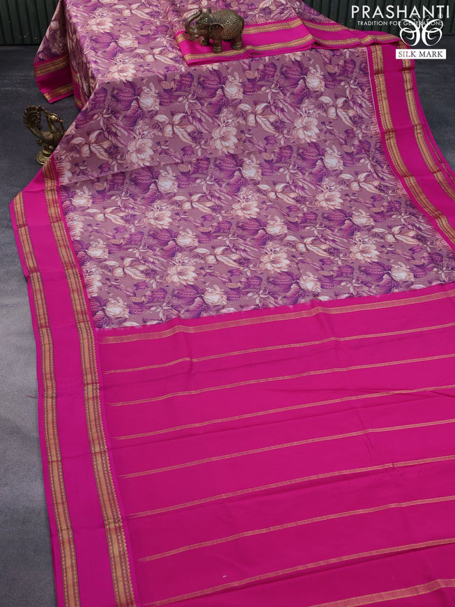 Pure kanchipuram silk saree rosy brown and pink with allover floral digital prints and temple deisgn rettapet zari woven border