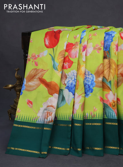 Pure kanchipuram silk saree fluorescent gree and green with allover floral digital prints and temple deisgn rettapet zari woven border