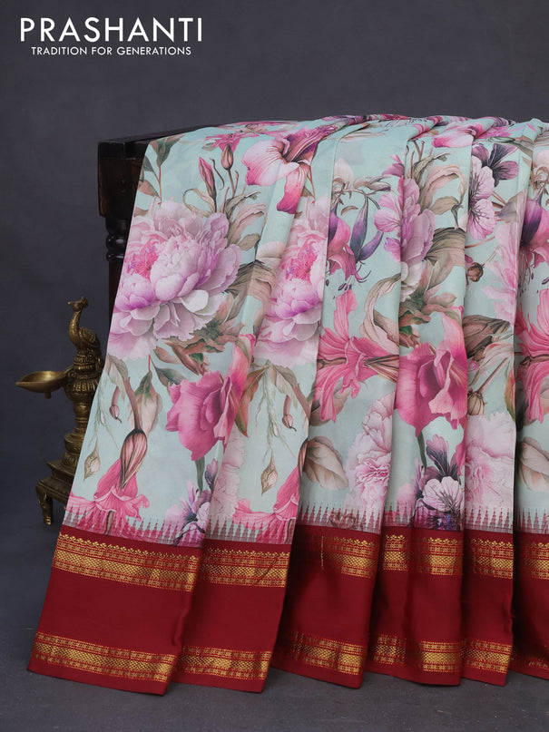 Pure kanchipuram silk saree pastel blue and maroon with allover floral digital prints and temple deisgn rettapet zari woven border