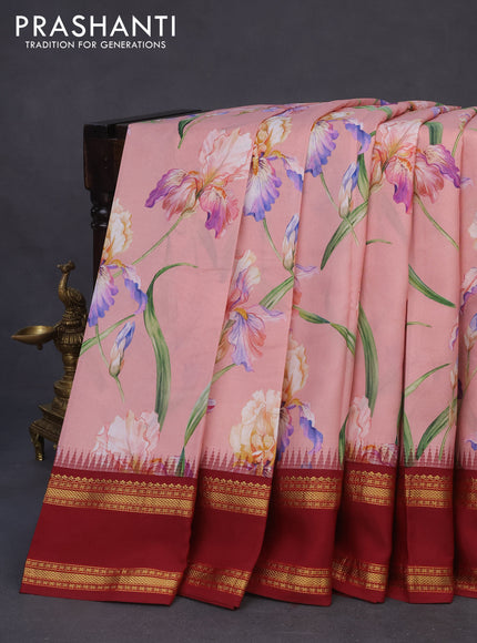 Pure kanchipuram silk saree peach pink and maroon with allover floral digital prints and temple deisgn rettapet zari woven border