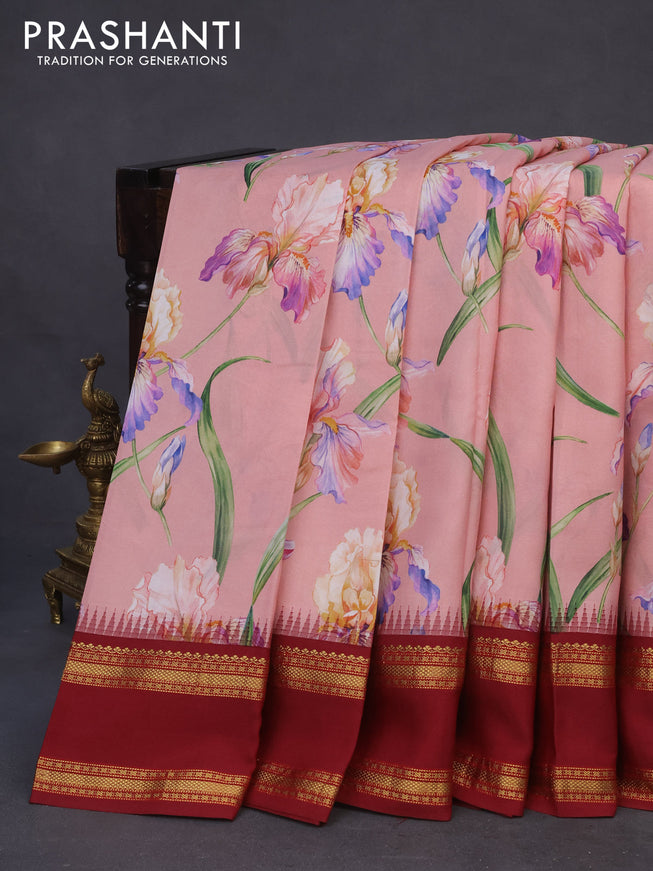 Pure kanchipuram silk saree peach pink and maroon with allover floral digital prints and temple deisgn rettapet zari woven border