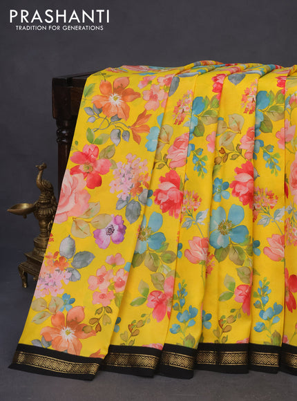 Pure kanchipuram silk saree yellow and black with allover floral digital prints and zari woven korvai border