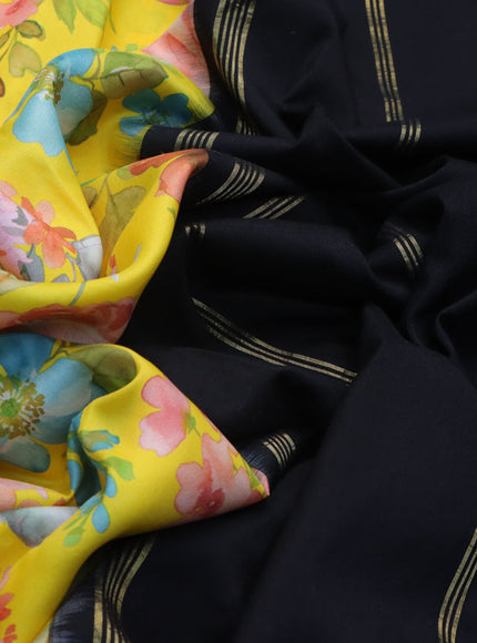 Pure kanchipuram silk saree yellow and black with allover floral digital prints and zari woven korvai border