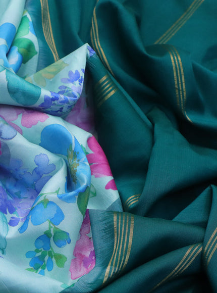 Pure kanchipuram silk saree teal blue shade and green with allover floral digital prints and zari woven korvai border