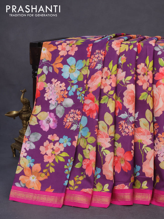 Pure kanchipuram silk saree deep purple and pink with allover floral digital prints and zari woven korvai border