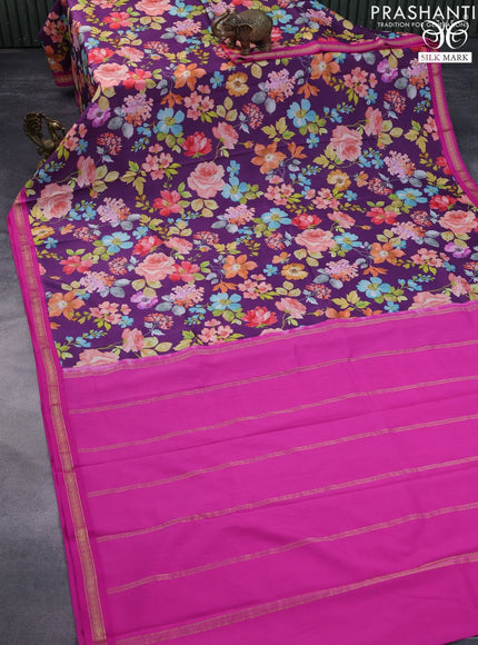 Pure kanchipuram silk saree deep purple and pink with allover floral digital prints and zari woven korvai border