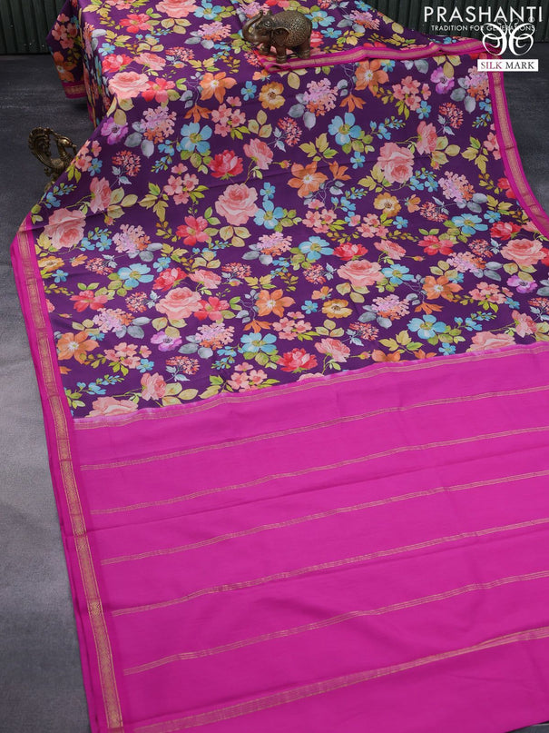 Pure kanchipuram silk saree deep purple and pink with allover floral digital prints and zari woven korvai border