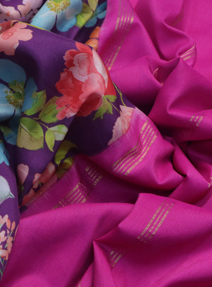 Pure kanchipuram silk saree deep purple and pink with allover floral digital prints and zari woven korvai border