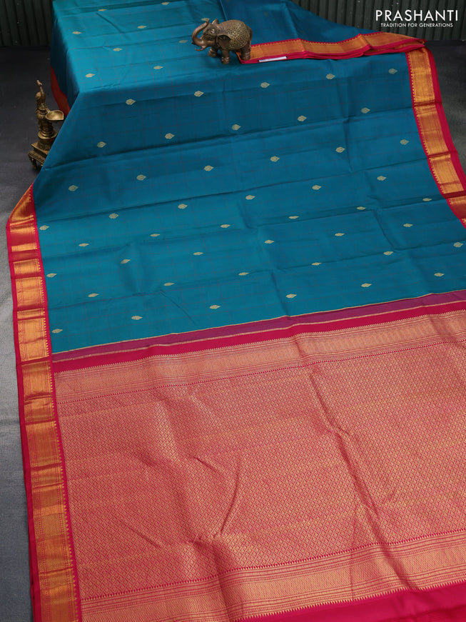 Pure kanchipuram silk saree teal green shade and pink with allover checks & zari buttas and zari woven korvai border