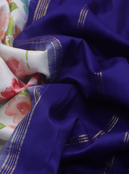 Pure kanchipuram silk saree off white and blue with allover floral digital prints and zari woven korvai border