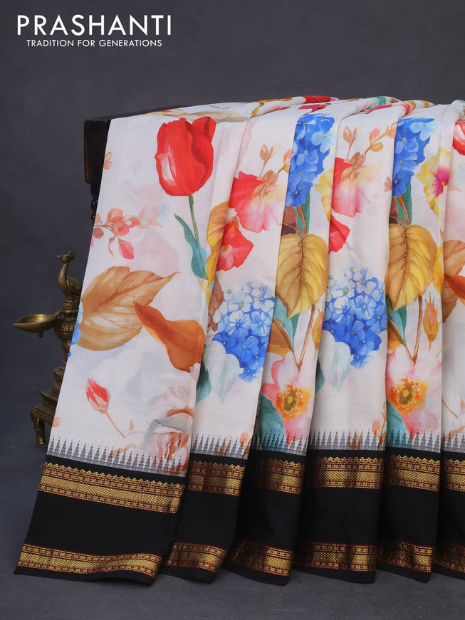 Pure kanchipuram silk saree off white and black with allover floral digital prints and rettapet zari woven border