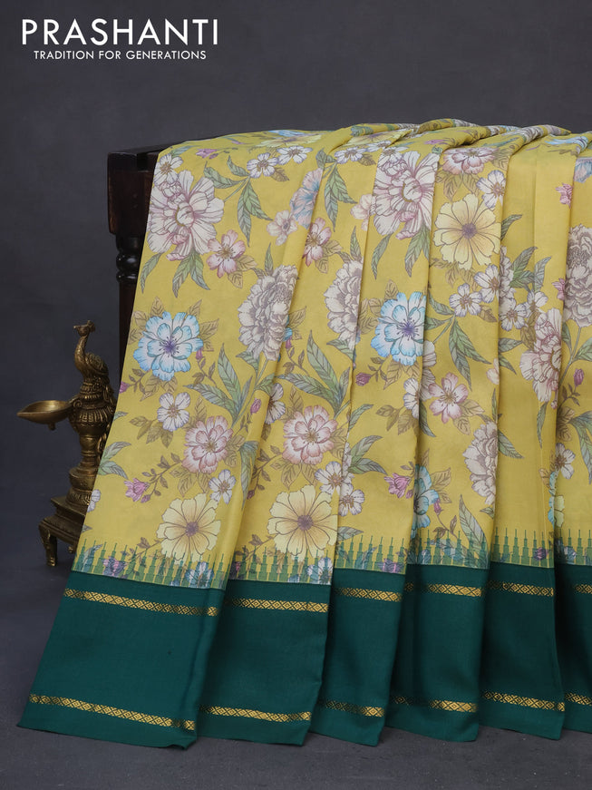 Pure kanchipuram silk saree lime yellow and green with allover floral digital prints and rettapet zari woven border