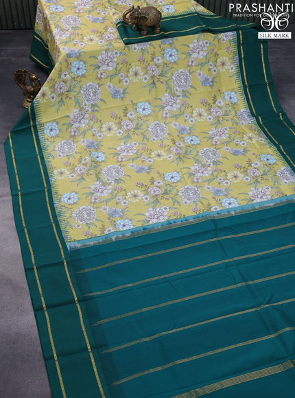 Pure kanchipuram silk saree lime yellow and green with allover floral digital prints and rettapet zari woven border