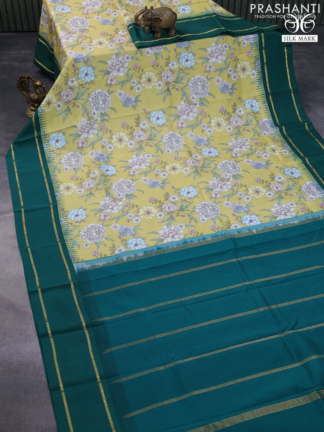 Pure kanchipuram silk saree lime yellow and green with allover floral digital prints and rettapet zari woven border