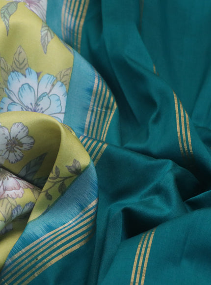 Pure kanchipuram silk saree lime yellow and green with allover floral digital prints and rettapet zari woven border