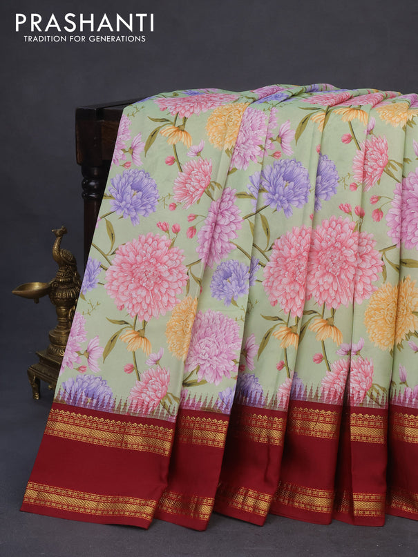 Pure kanchipuram silk saree pastel green and maroon with allover floral digital prints and rettapet zari woven border