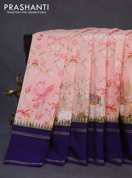 Pure kanchipuram silk saree peach shade and blue with allover floral digital prints and ganga jamuna border