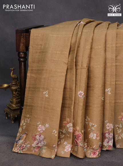 Pure tussar silk saree dark beige with allover zari weaves & floral digital prints and floral digital printed border