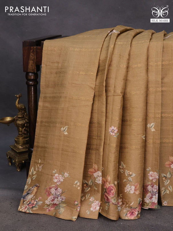 Pure tussar silk saree dark beige with allover zari weaves & floral digital prints and floral digital printed border